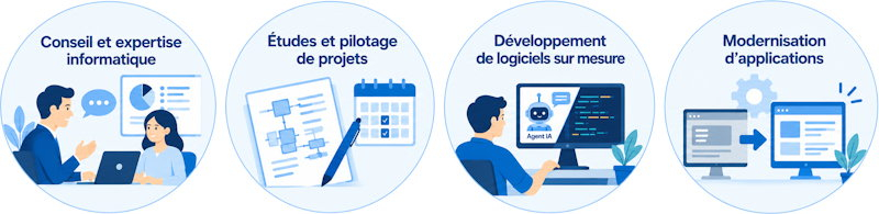 Conseil et pilotage de projets informatiques, conception de logiciels